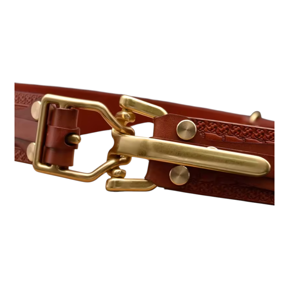 Brown leather belt with gold buckle on a white background