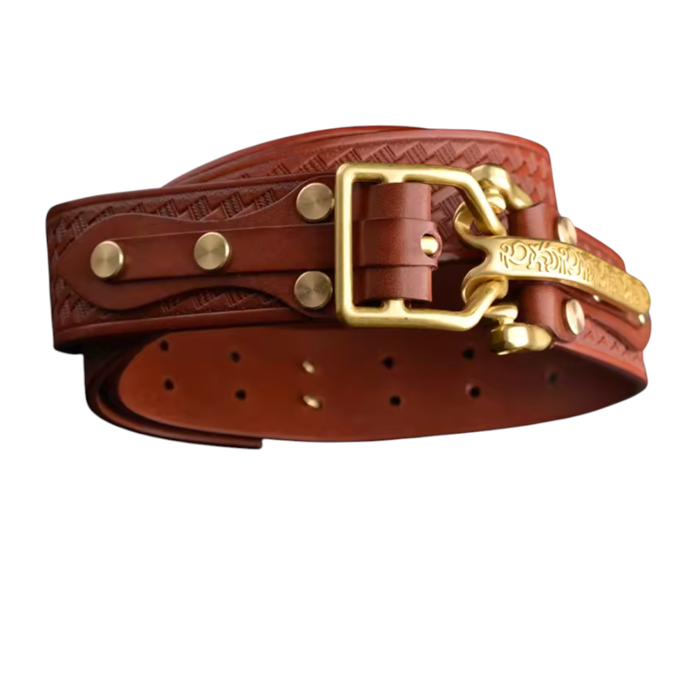 Brown leather belt with gold buckle on a white background