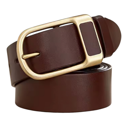 Brown leather belt with a gold buckle on a white background