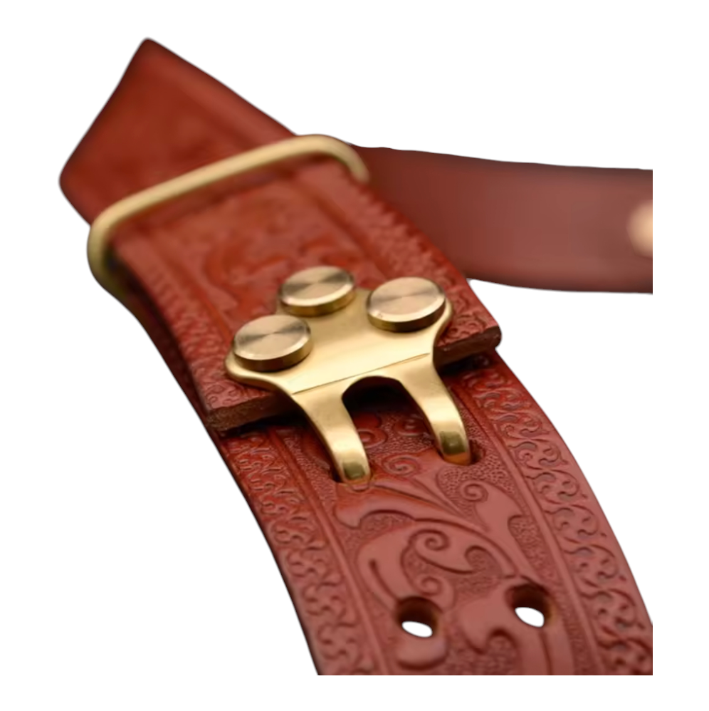 Brown leather belt with gold buckle on a white background