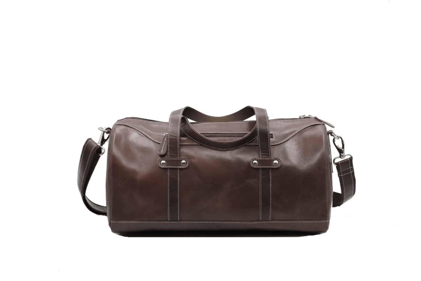 Back view of a brown leather duffel bag on a white background