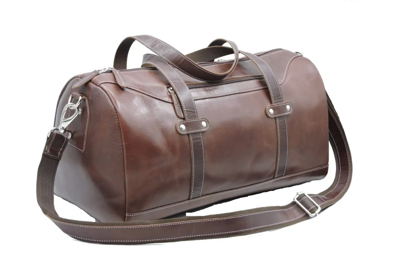 Side view of a brown leather duffel bag with a strap on a white background 