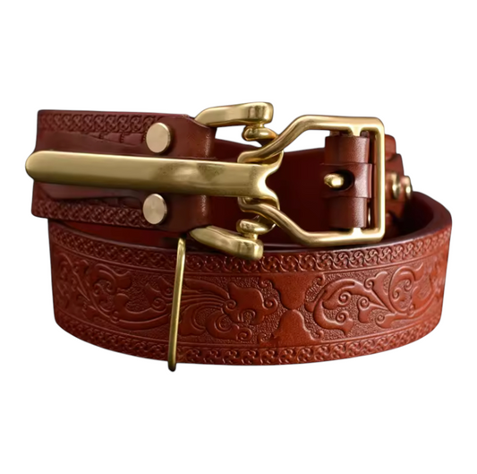 Brown leather belt with gold buckle on a white background