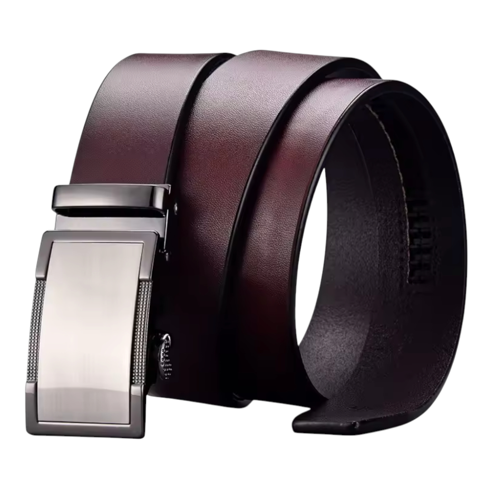 Brown leather belt with silver buckle on a white background