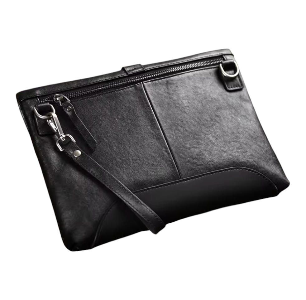 Black leather pouch with zipper on a white background