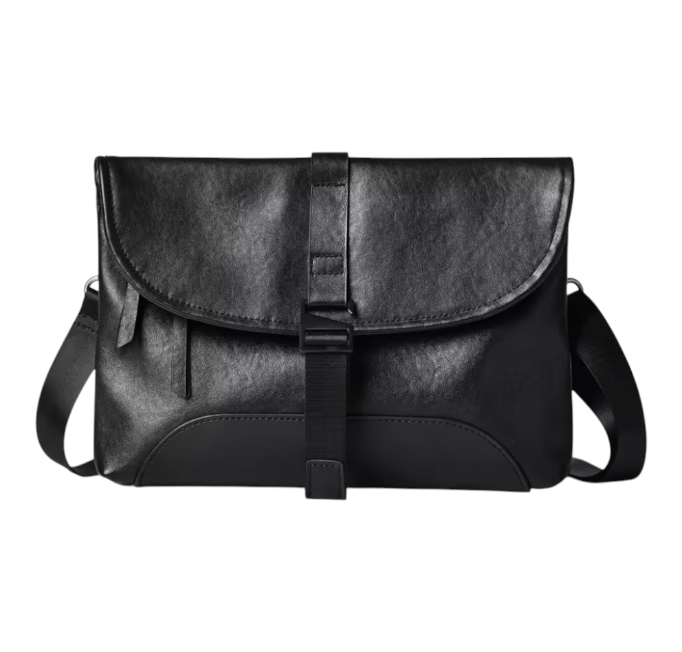 Black leather messenger bag on a white background