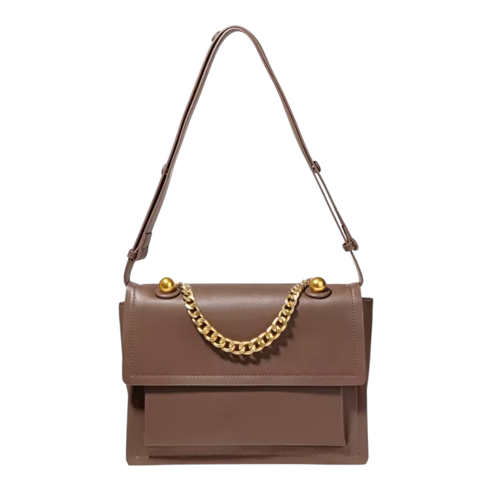 Front view of a brown handbag with a gold chain detail on a white background