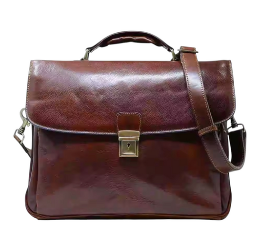 Brown leather messenger bag with a gold clasp on a white background