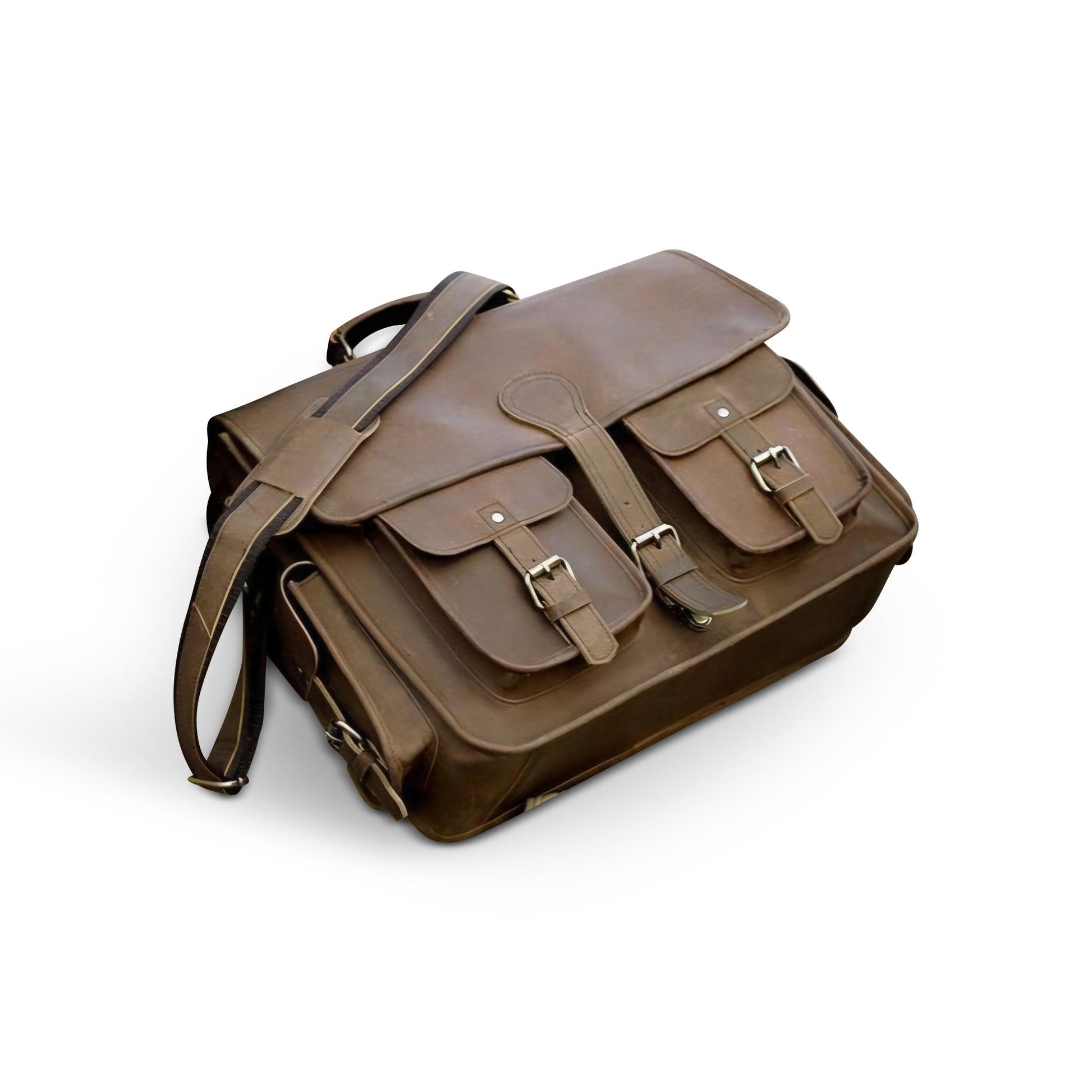 Brown leather messenger bag on a white background
