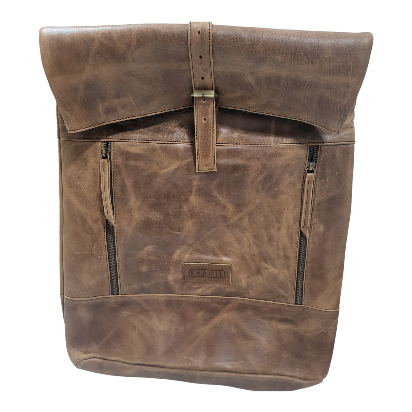 Front view of a brown leather backpack on a white background