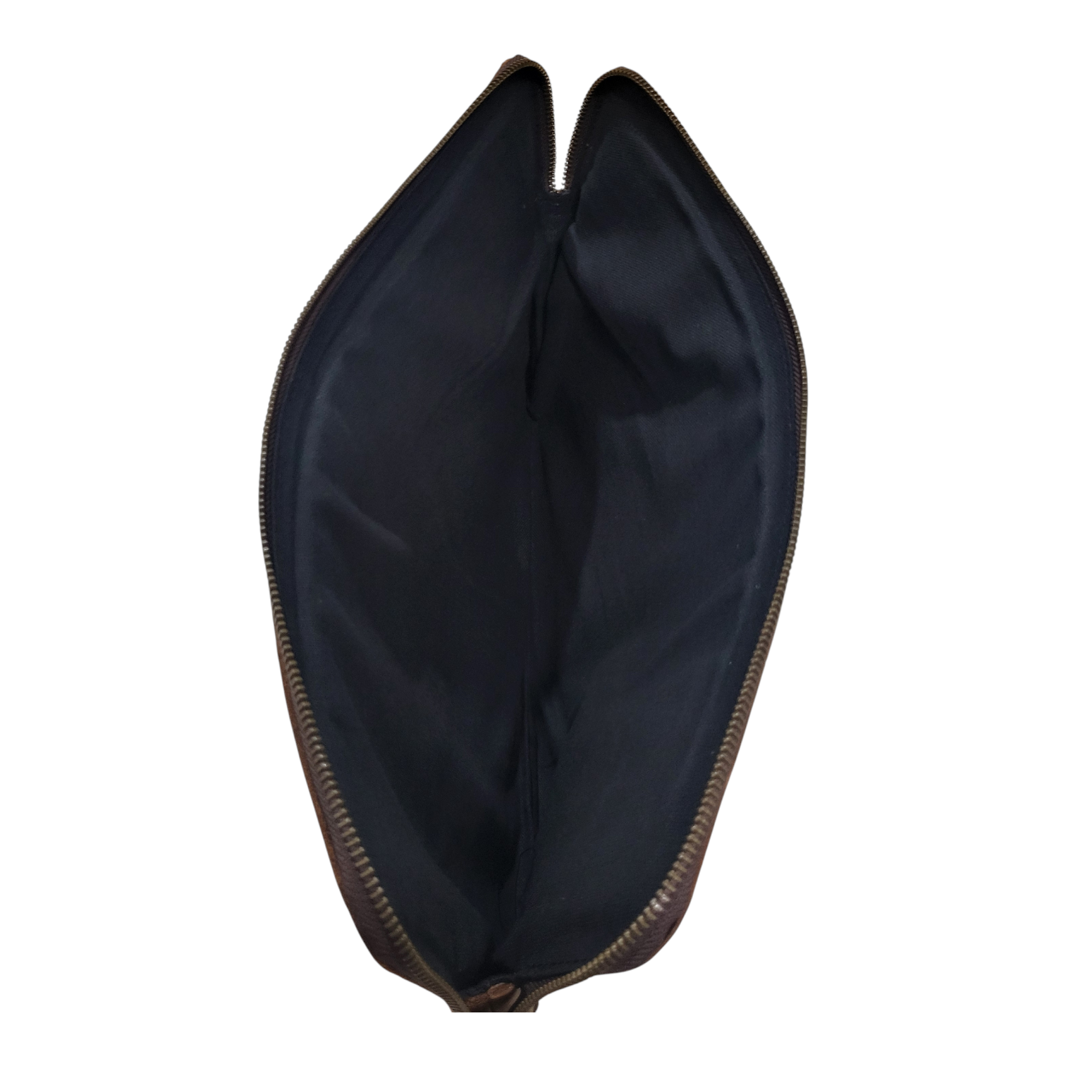 Open view of a brown laptop bag with brown zipper on a white background