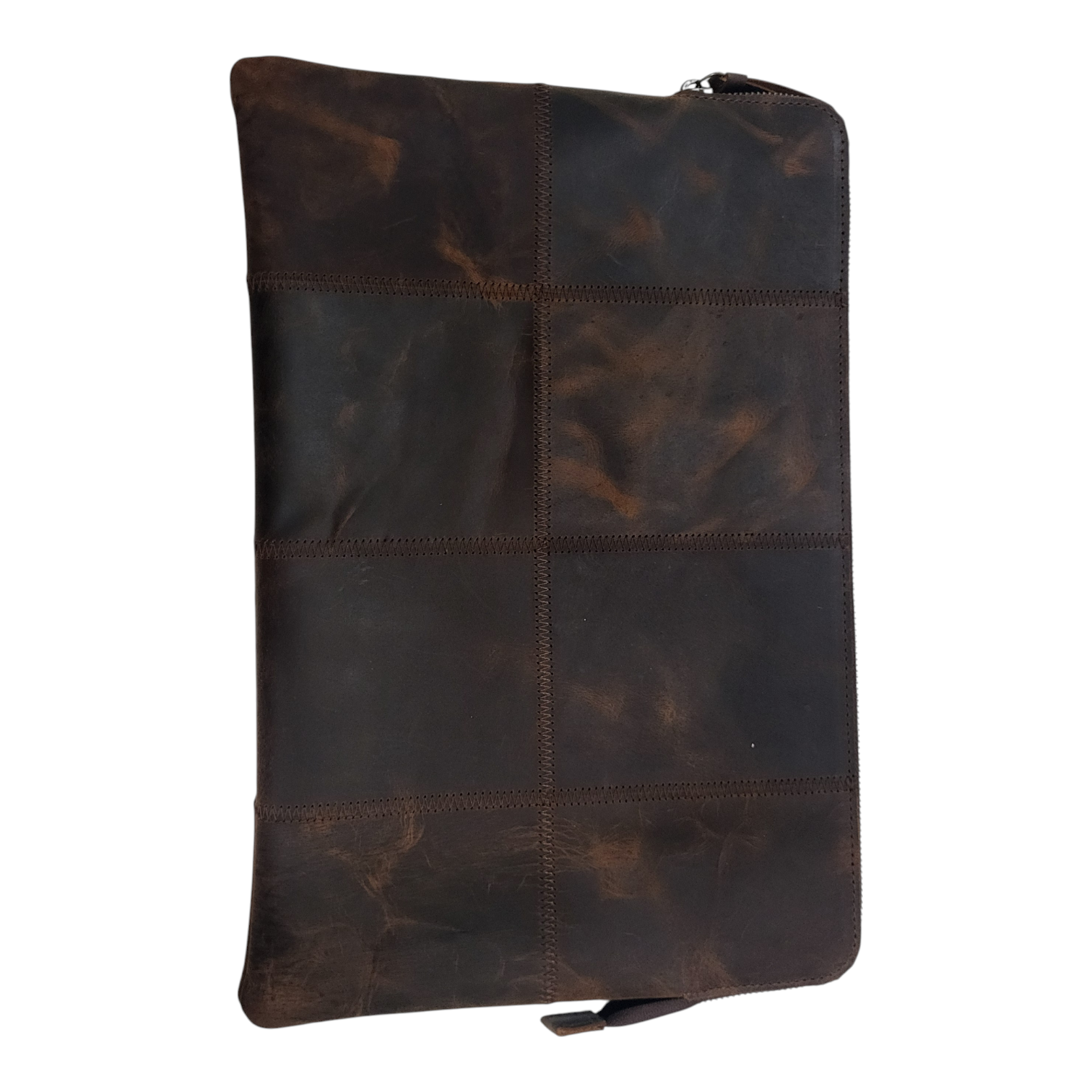 Brown leather laptop bag with zipper on a white background