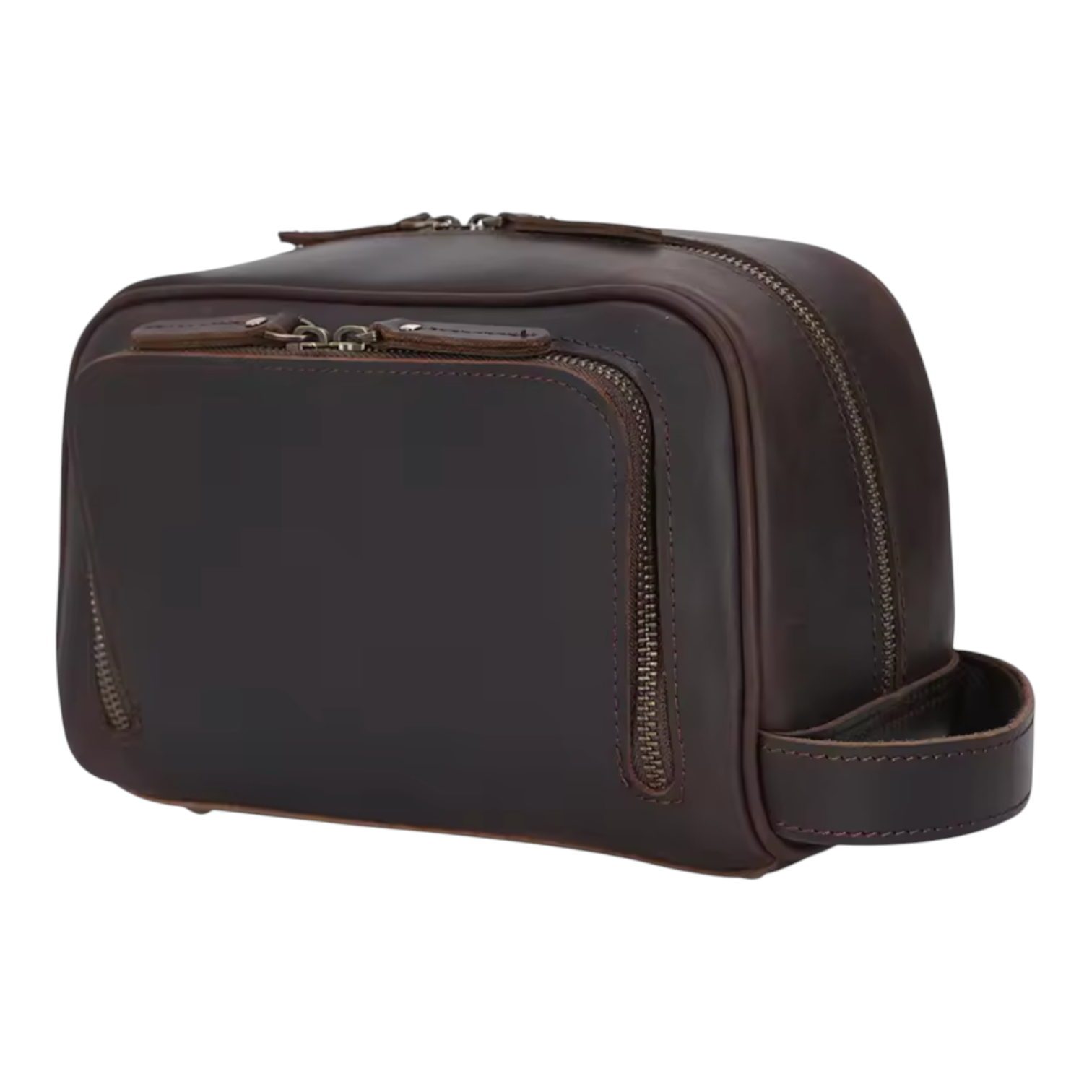 Left side view of brown leather bag with a strap on a white background