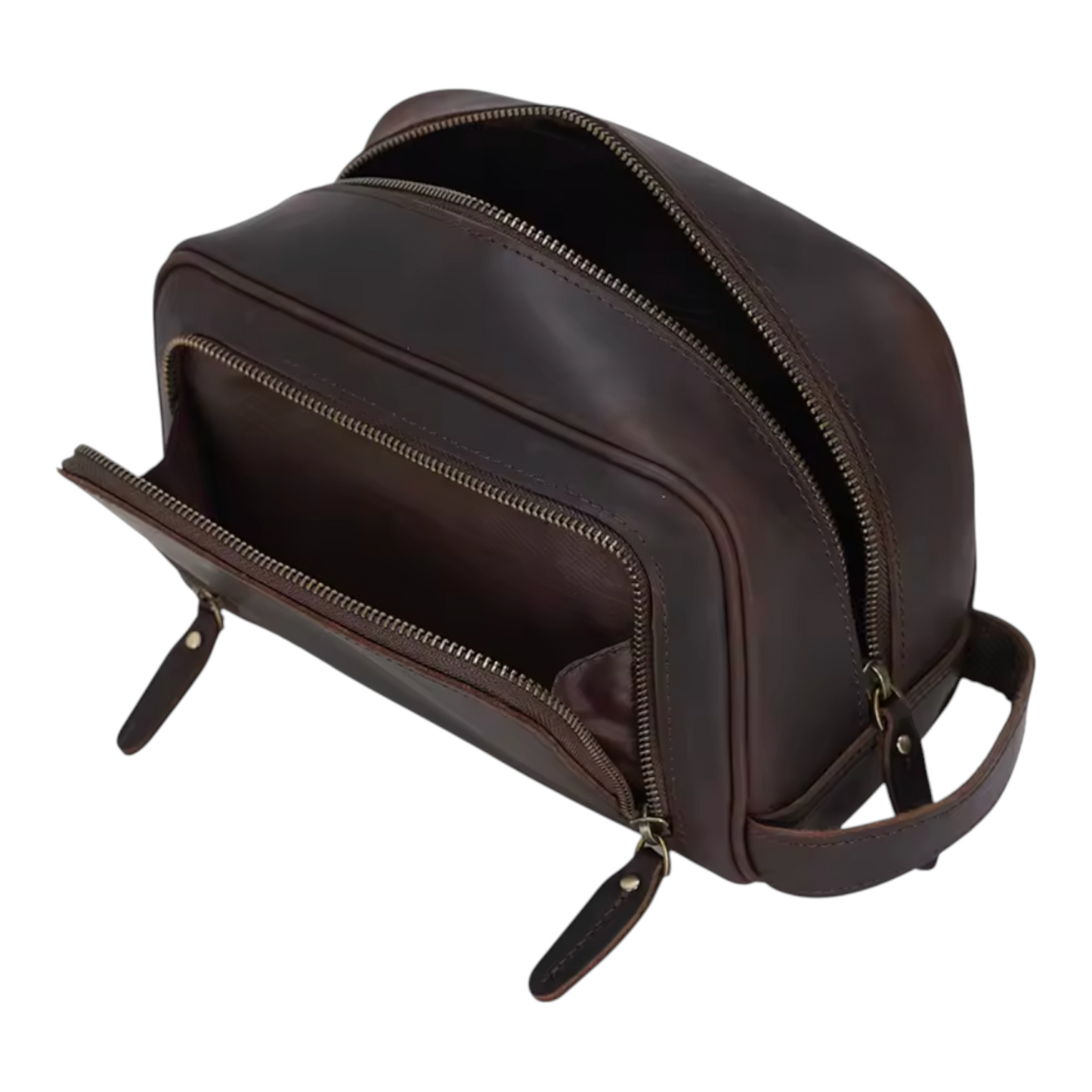 Sode view brown leather dopp kit with open compartment on a white background