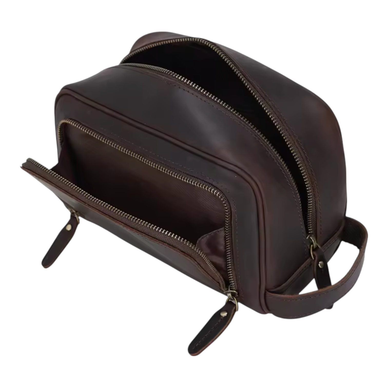 Sode view brown leather dopp kit with open compartment on a white background