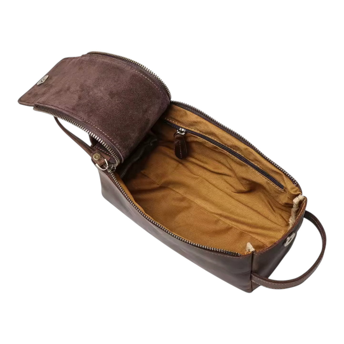Open view of a brown leather bag with open top on a white background