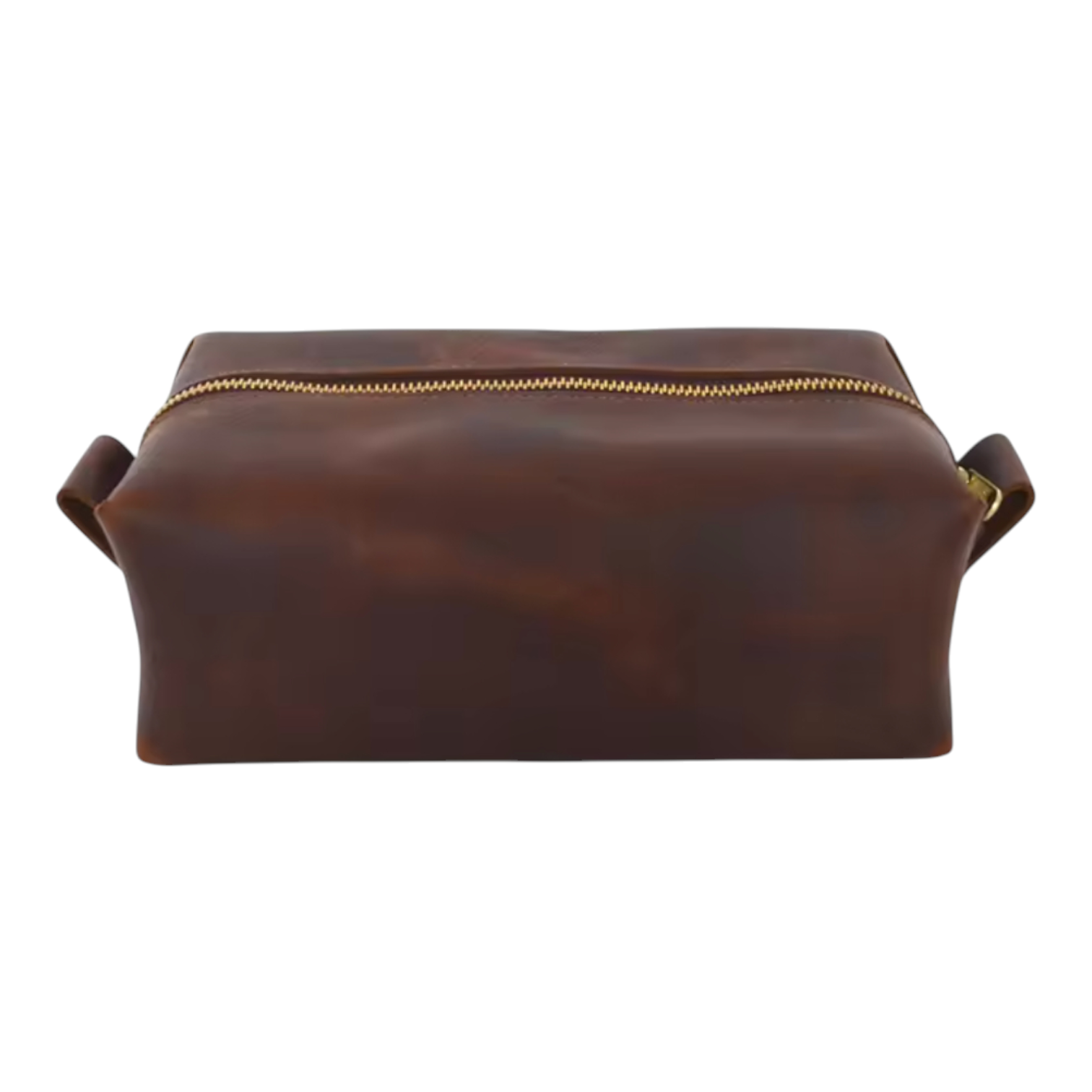 Front view of a brown leather dopp kit with gold zipper on a white background