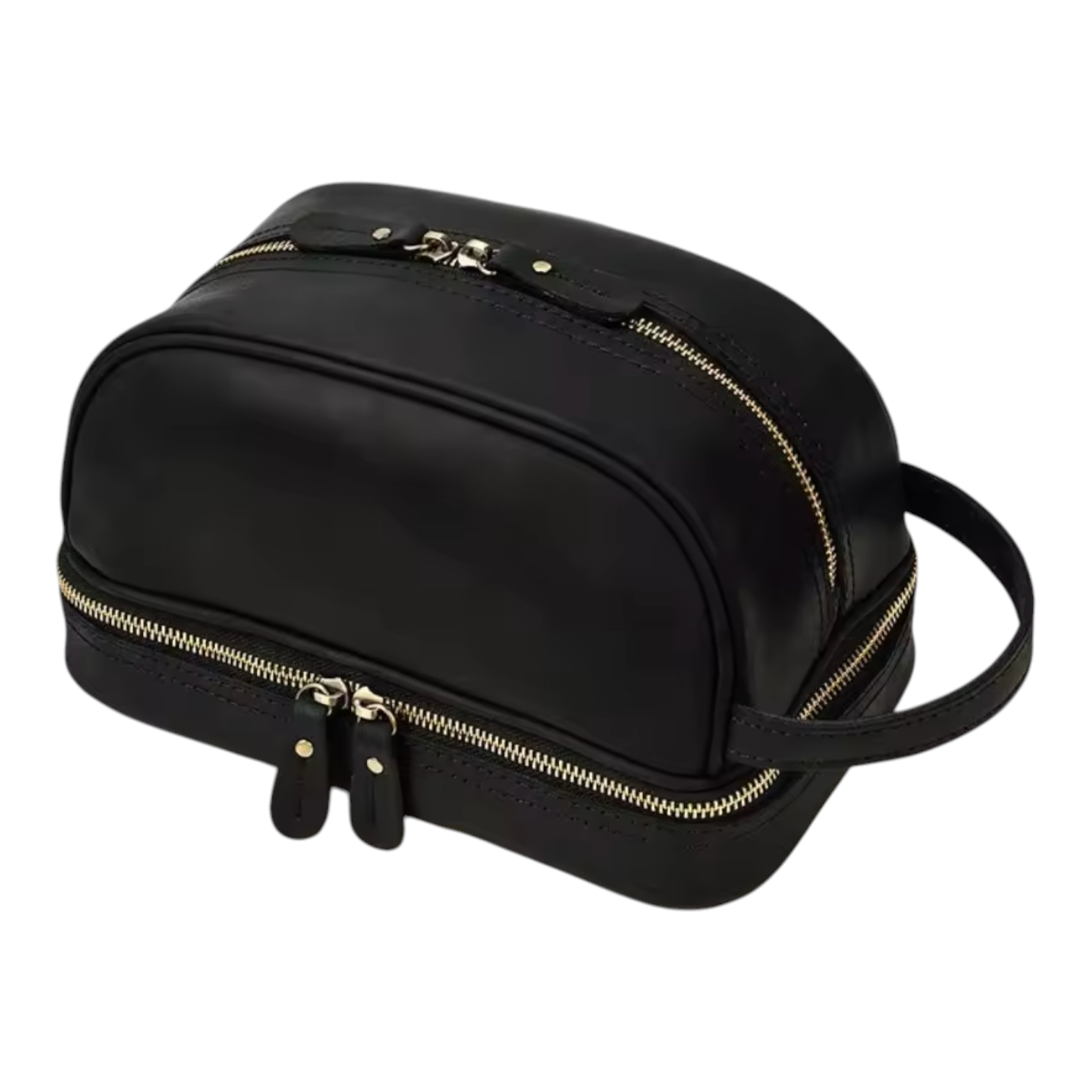 Lefti side view of a black leather bag with gold zippers on a white background