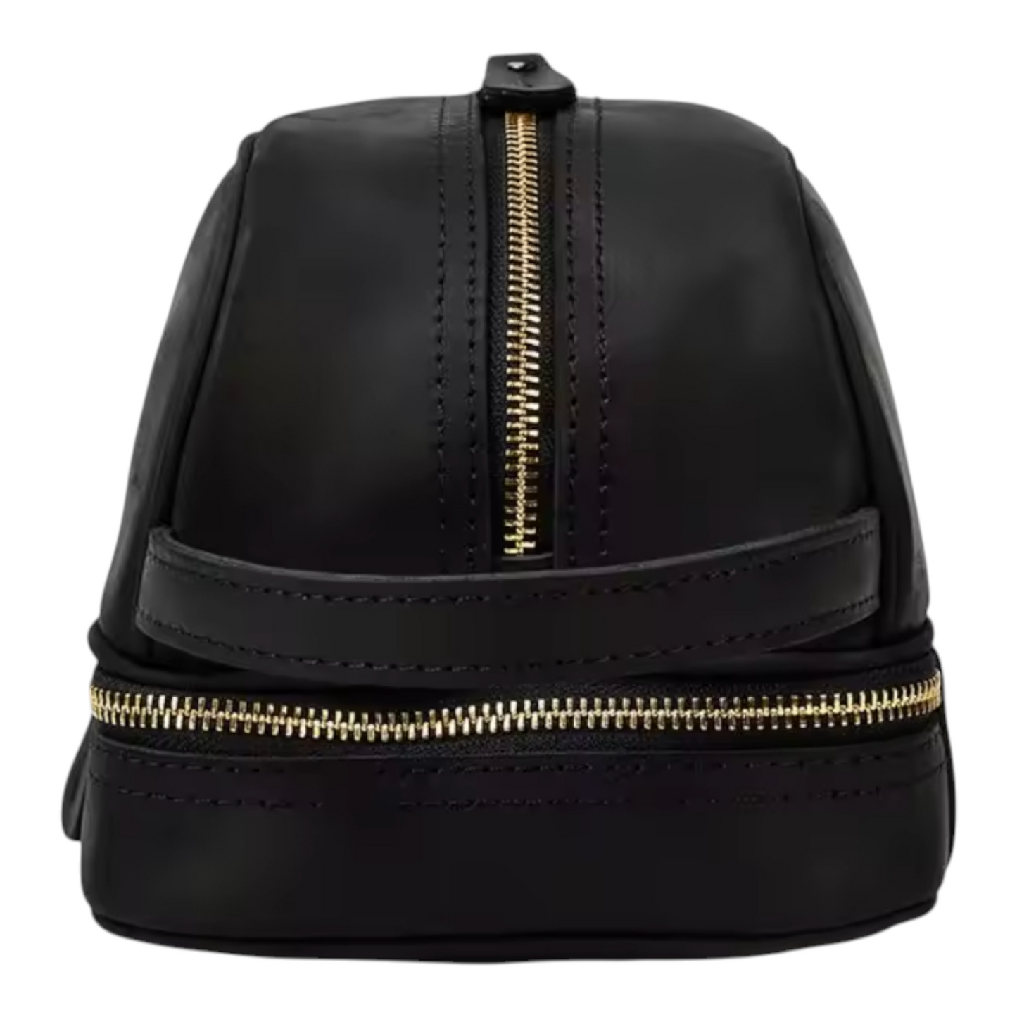 strap view of a black leather backpack with gold zipper on a white background