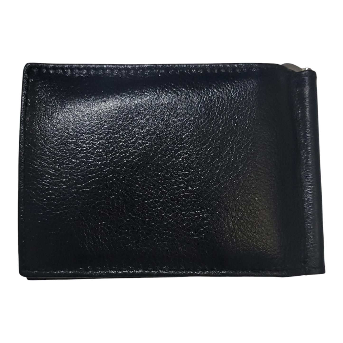 Back view of a black leather wallet on a white background