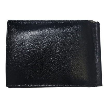 Back view of a black leather wallet on a white background
