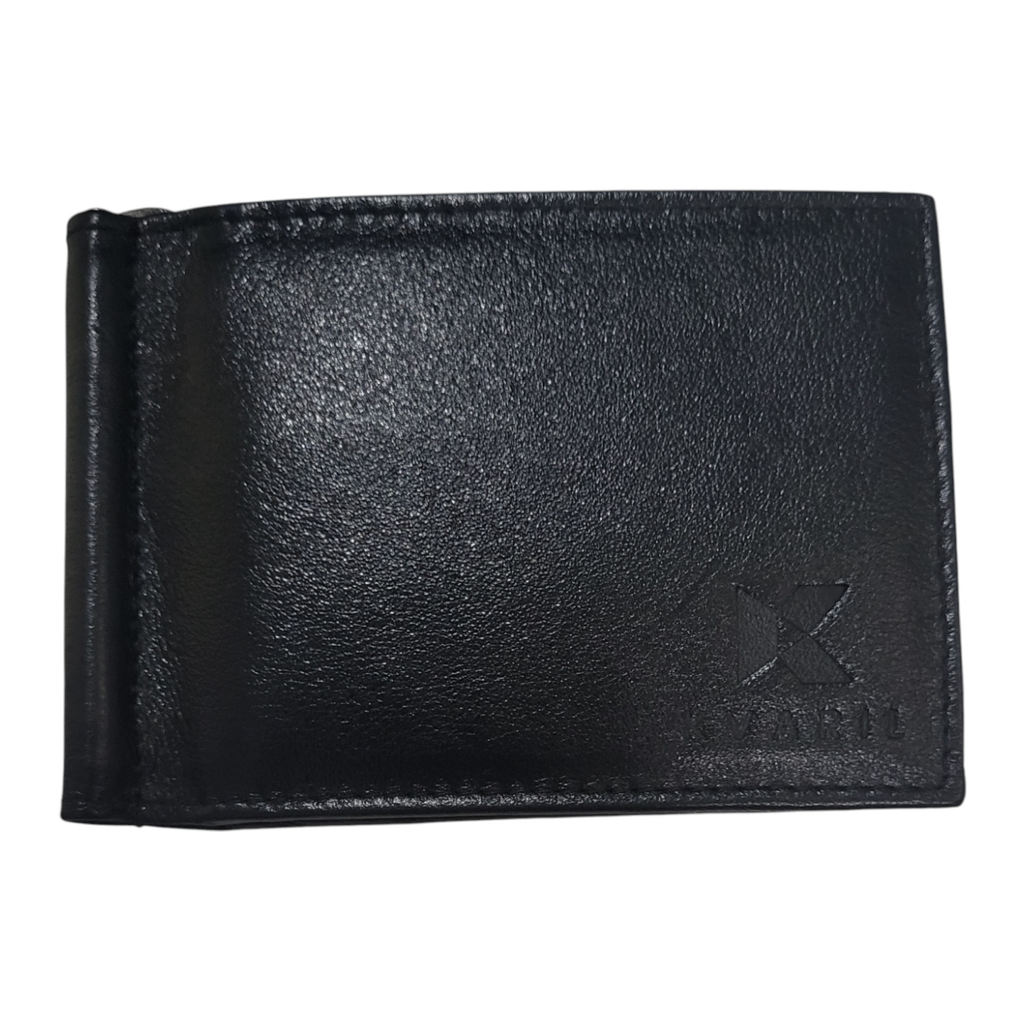 Fronte view of a black leather wallet with money clip on a white background