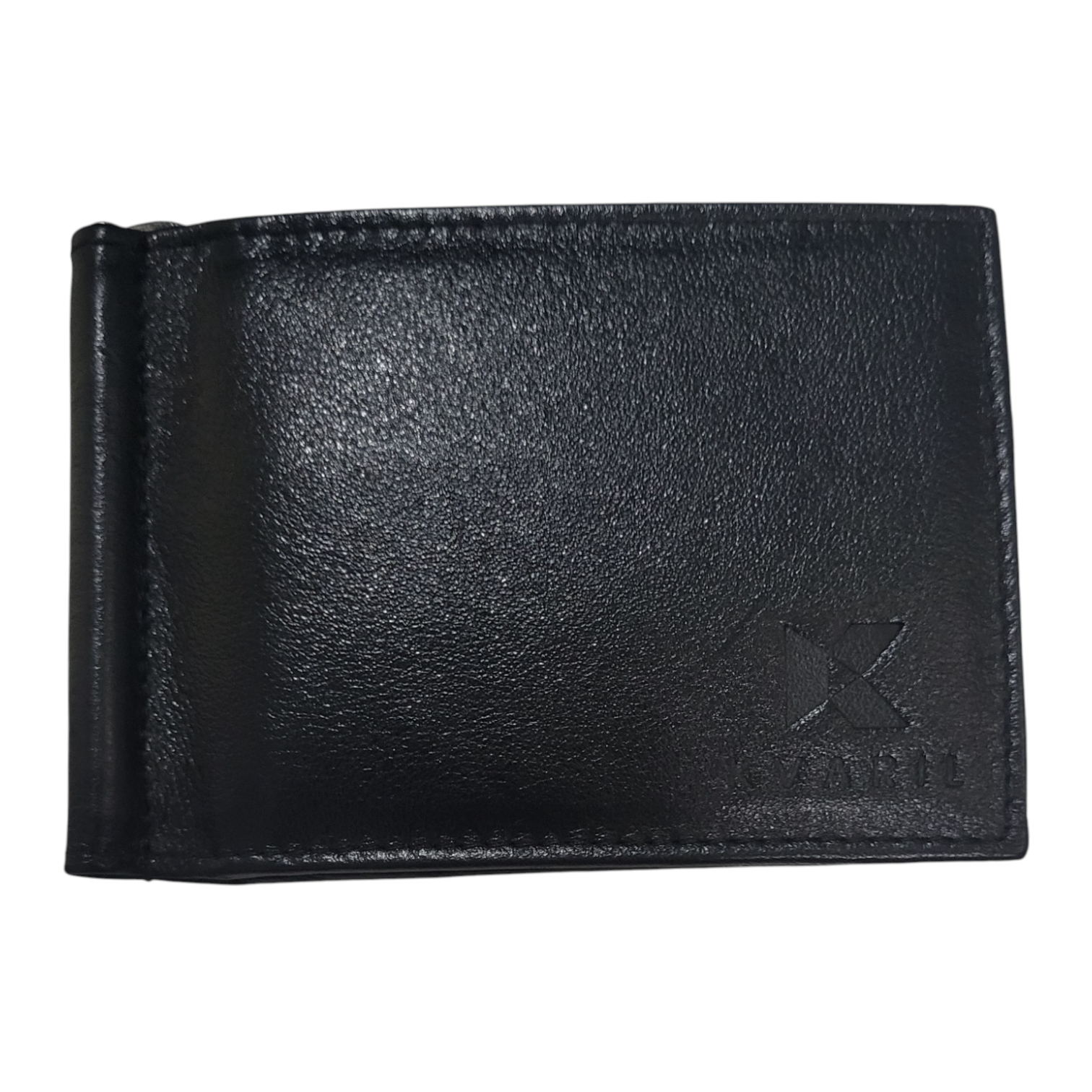 Fronte view of a black leather wallet with money clip on a white background