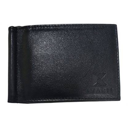 Fronte view of a black leather wallet with money clip on a white background