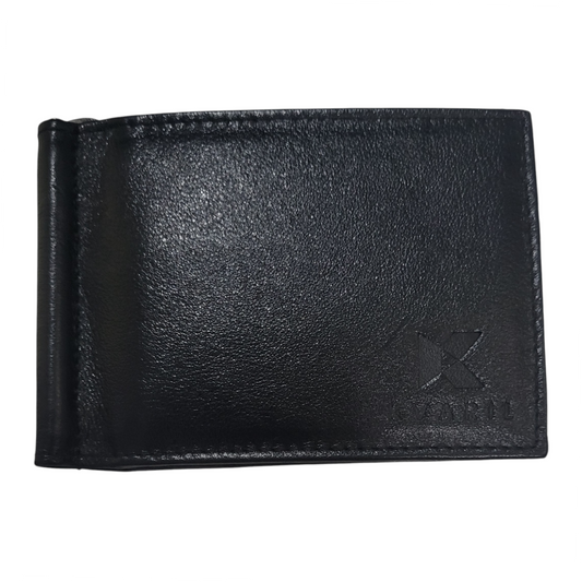 Fronte view of a black leather wallet with money clip on a white background