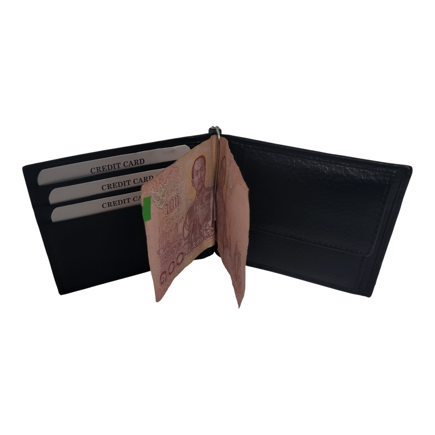 Note view of a black wallet with credit card slots and a bill pocket on a white background