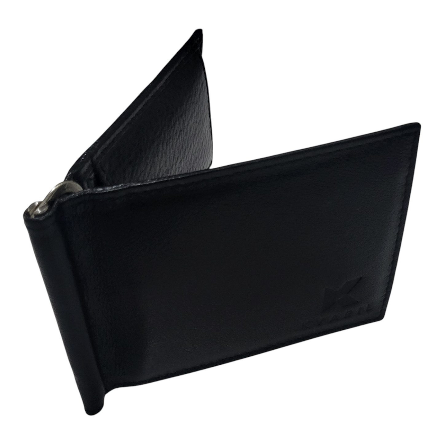 Side view of a black leather wallet on a white background