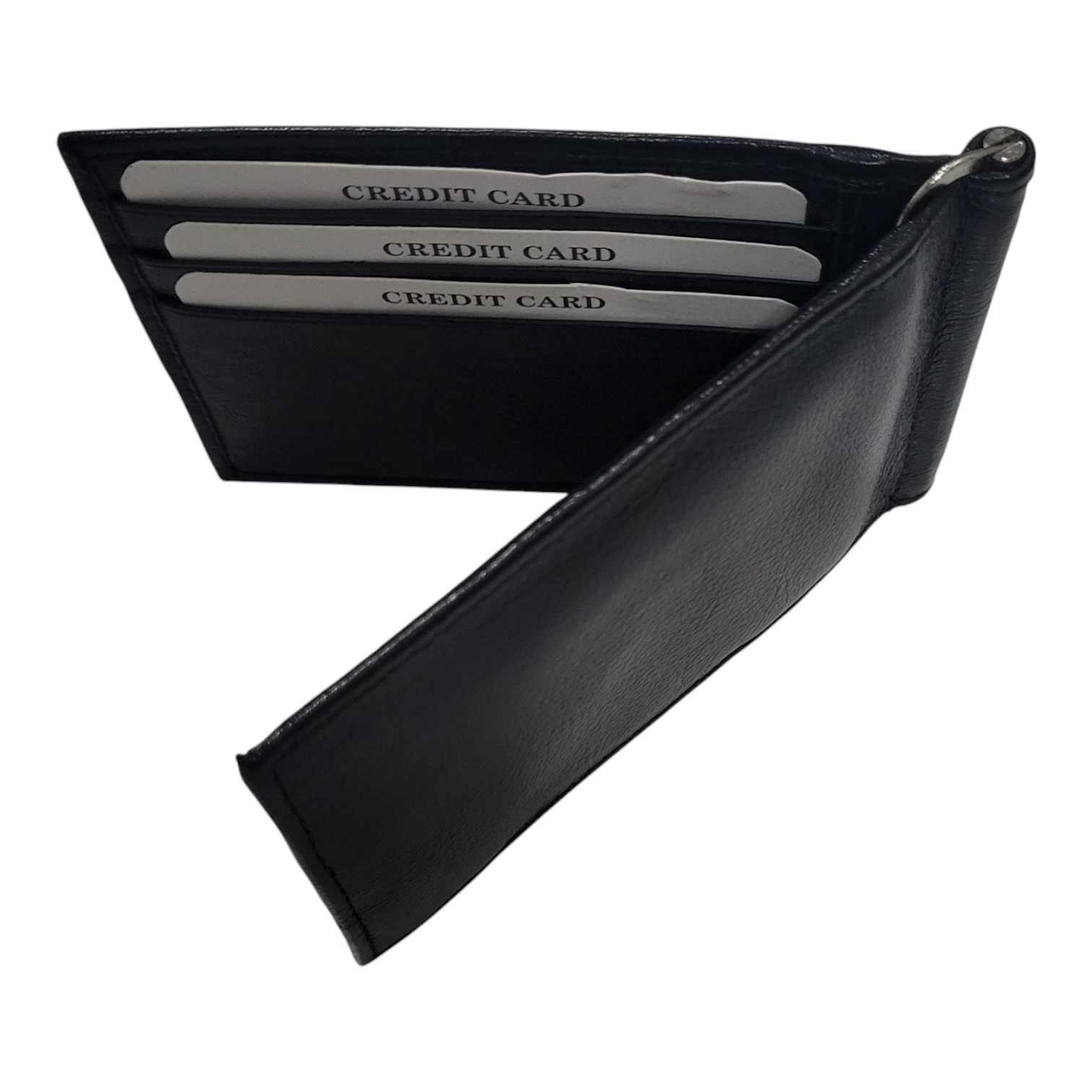 Black wallet with three credit card slots on a white background