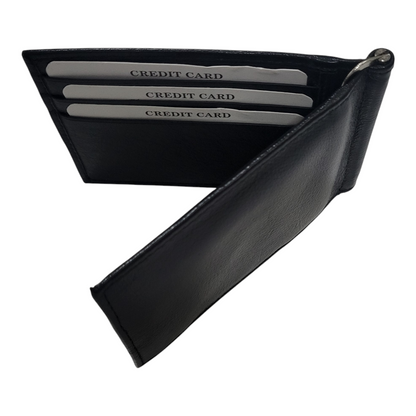 Black wallet with three credit card slots on a white background