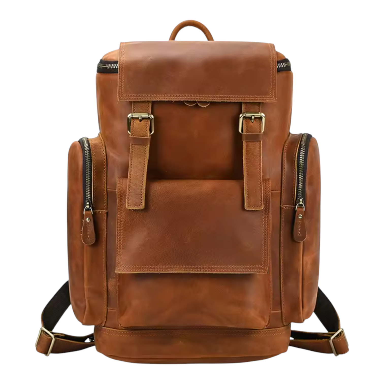 Front view of a brown leather backpack