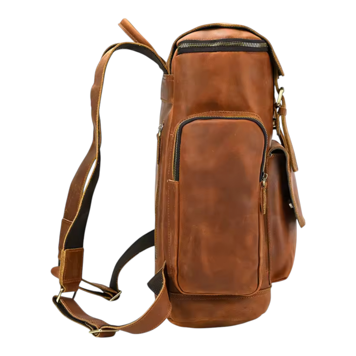 Side view of a brown leather backpack on a white background