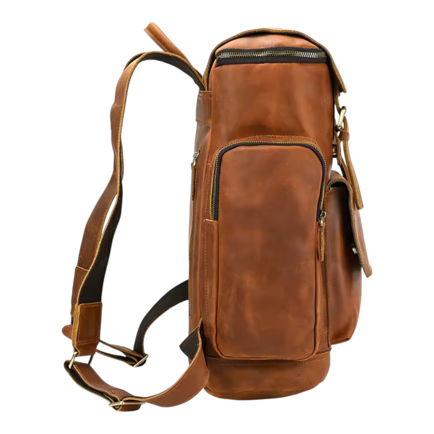 Side view of a brown leather backpack on a white background