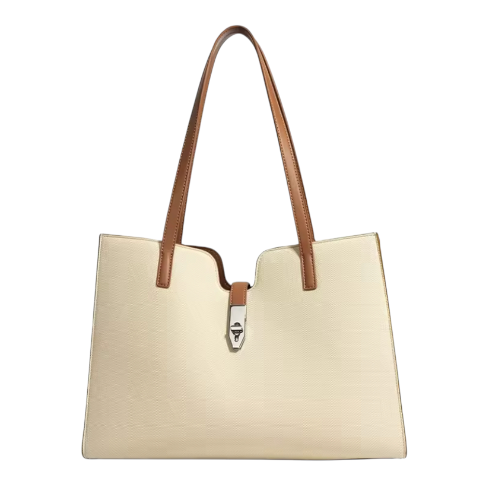 Bright front view of a beige handbag with brown handles on a white background
